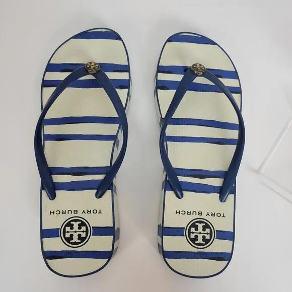 Tory Burch Womens Sandals Size 6.5 White and Blue Stripe Slip On Heels