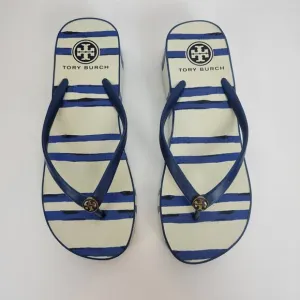 Tory Burch Womens Sandals Size 6.5 White and Blue Stripe Slip On Heels