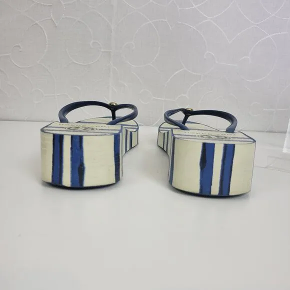 Tory Burch Womens Sandals Size 6.5 White and Blue Stripe Slip On Heels