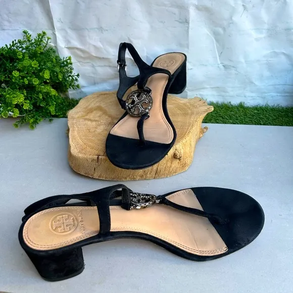 Tory BurchBlack Suede Crystal Embellishments T-Strap SandalsWomen's Size: 8