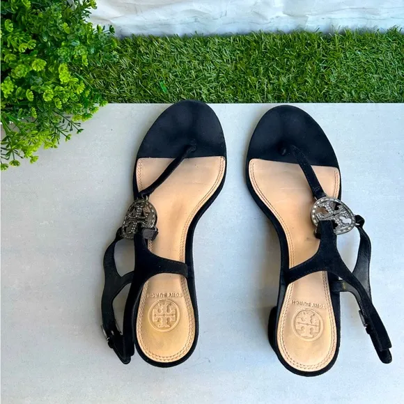 Tory BurchBlack Suede Crystal Embellishments T-Strap SandalsWomen's Size: 8