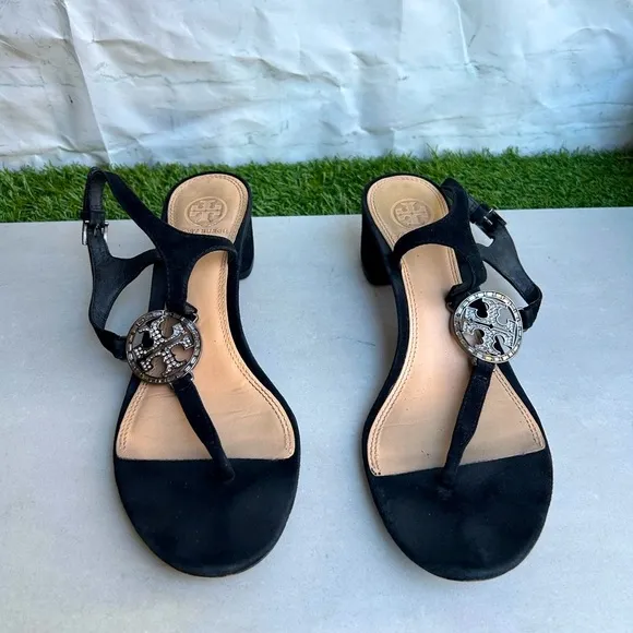 Tory BurchBlack Suede Crystal Embellishments T-Strap SandalsWomen's Size: 8