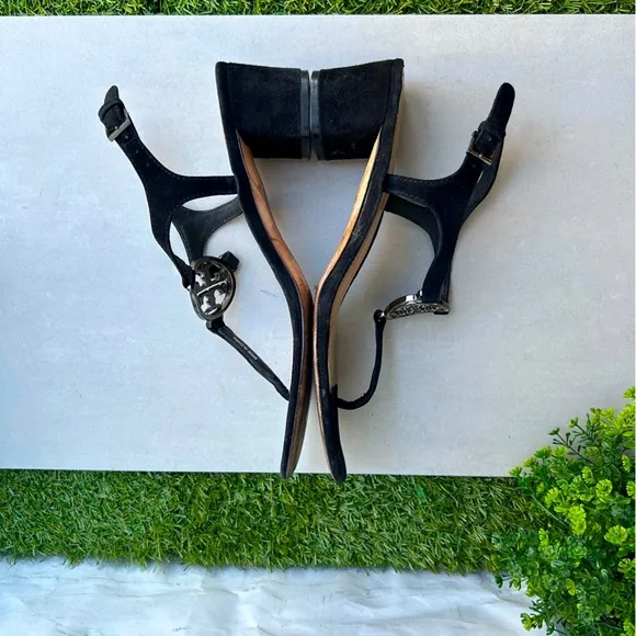Tory BurchBlack Suede Crystal Embellishments T-Strap SandalsWomen's Size: 8