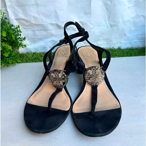 Tory BurchBlack Suede Crystal Embellishments T-Strap SandalsWomen's Size: 8