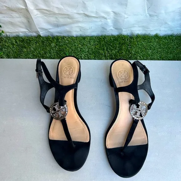 Tory BurchBlack Suede Crystal Embellishments T-Strap SandalsWomen's Size: 8