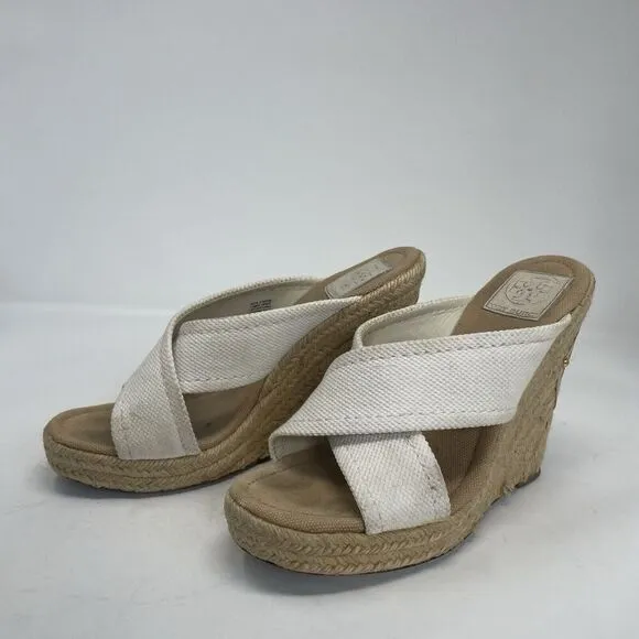 TORY BURCH Kristen Wedge Sandals Women 9 Espadrille Slip On Heels Gold Logo
