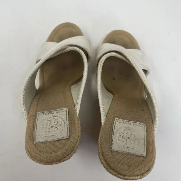 TORY BURCH Kristen Wedge Sandals Women 9 Espadrille Slip On Heels Gold Logo