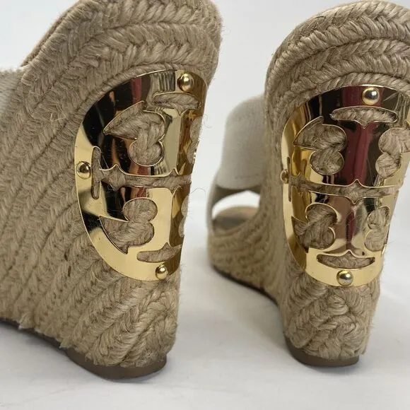TORY BURCH Kristen Wedge Sandals Women 9 Espadrille Slip On Heels Gold Logo