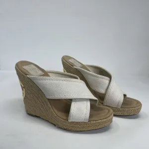 TORY BURCH Kristen Wedge Sandals Women 9 Espadrille Slip On Heels Gold Logo