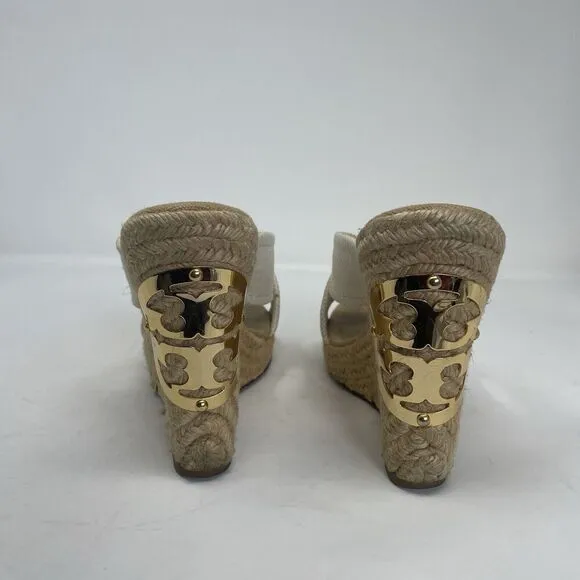 TORY BURCH Kristen Wedge Sandals Women 9 Espadrille Slip On Heels Gold Logo