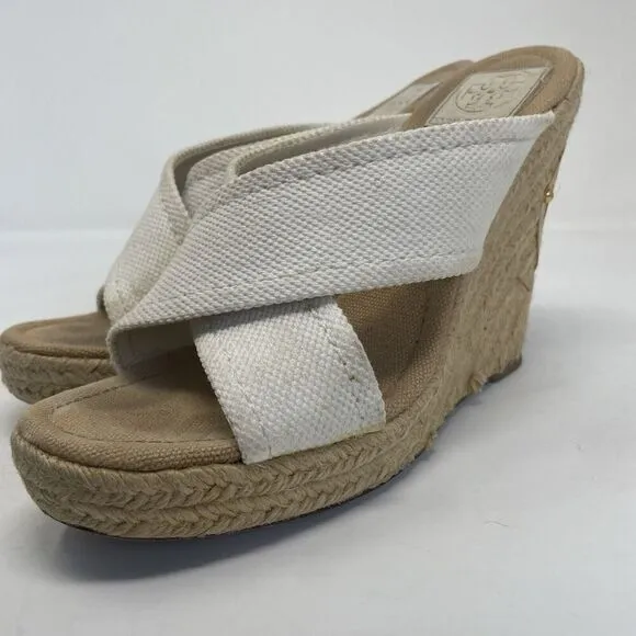 TORY BURCH Kristen Wedge Sandals Women 9 Espadrille Slip On Heels Gold Logo