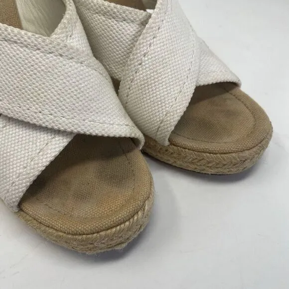 TORY BURCH Kristen Wedge Sandals Women 9 Espadrille Slip On Heels Gold Logo