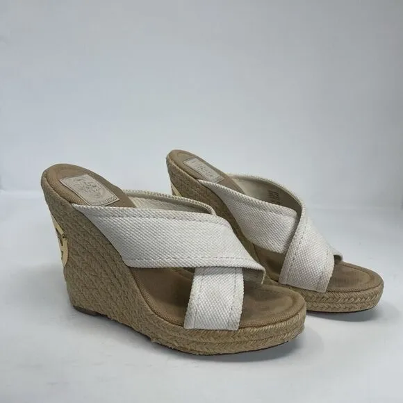 TORY BURCH Kristen Wedge Sandals Women 9 Espadrille Slip On Heels Gold Logo