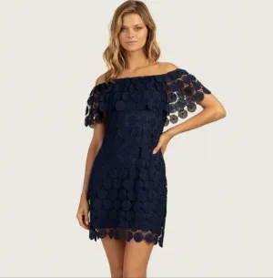 Trina Turk Merengue Daisy Lace Off The Shoulder Dress in Navy Blue Size Medium