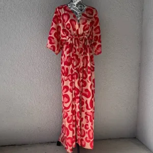 TSQ2 Plunge Red Leopard Oversize Kimono Maxi Dress L NWT