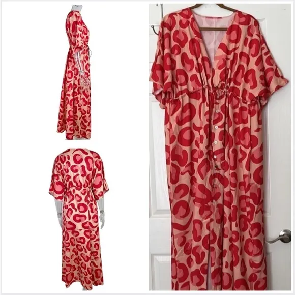 TSQ2 Plunge Red Leopard Oversize Kimono Maxi Dress L NWT