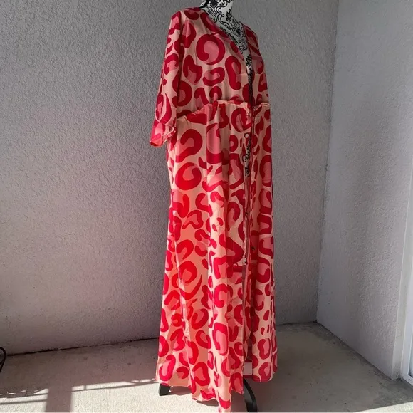 TSQ2 Plunge Red Leopard Oversize Kimono Maxi Dress L NWT