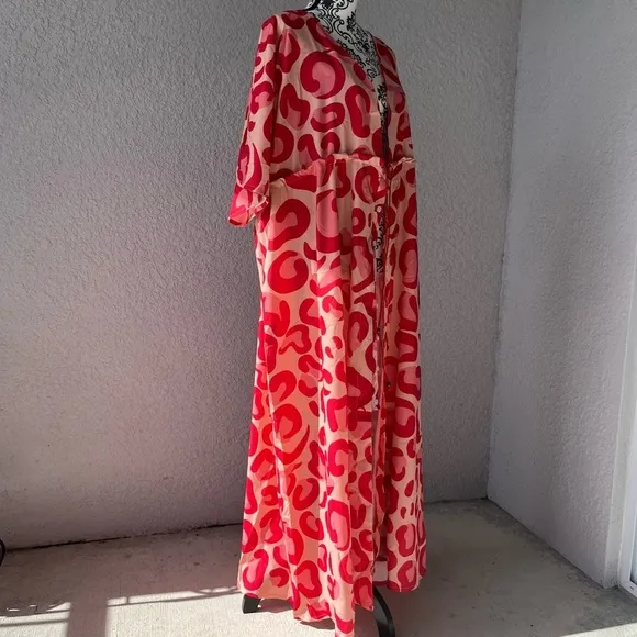 TSQ2 Plunge Red Leopard Oversize Kimono Maxi Dress L NWT
