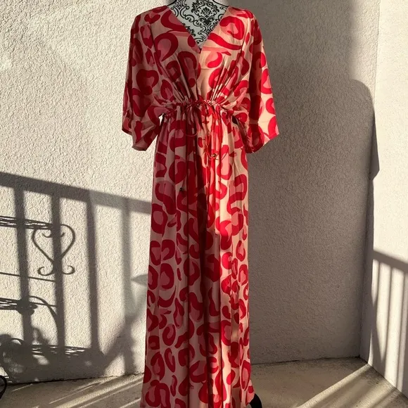 TSQ2 Plunge Red Leopard Oversize Kimono Maxi Dress L NWT