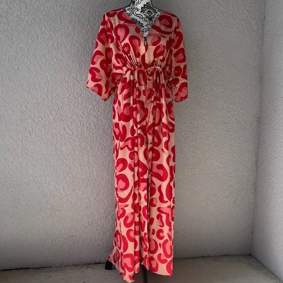 TSQ2 Plunge Red Leopard Oversize Kimono Maxi Dress L NWT