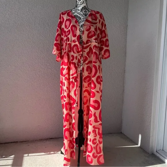 TSQ2 Plunge Red Leopard Oversize Kimono Maxi Dress L NWT
