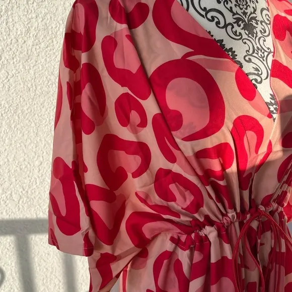 TSQ2 Plunge Red Leopard Oversize Kimono Maxi Dress L NWT