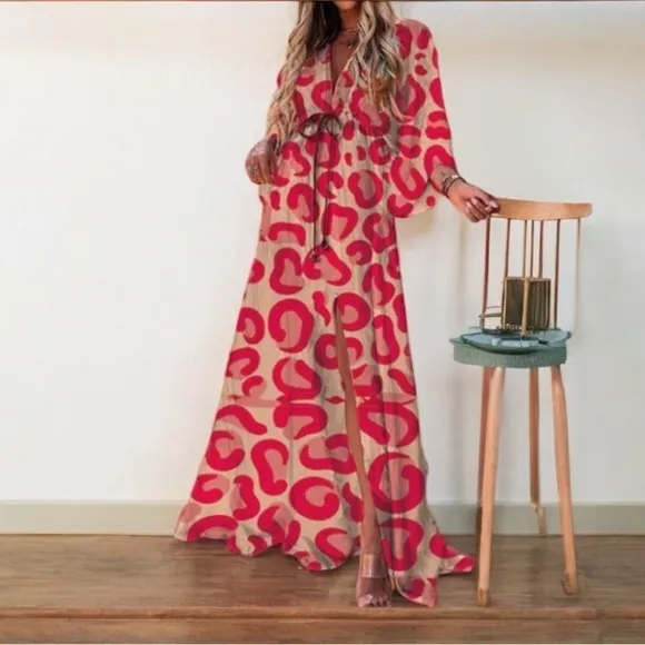 TSQ2 Plunge Red Leopard Oversize Kimono Maxi Dress L NWT