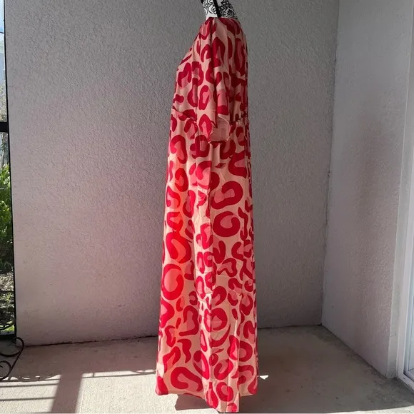 TSQ2 Plunge Red Leopard Oversize Kimono Maxi Dress L NWT