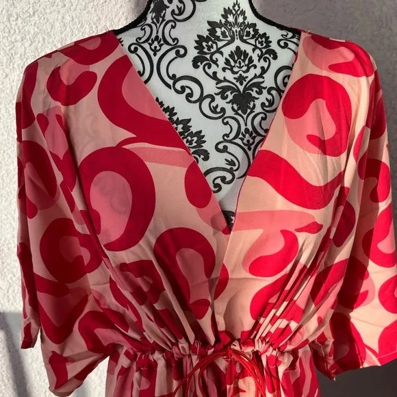 TSQ2 Plunge Red Leopard Oversize Kimono Maxi Dress L NWT