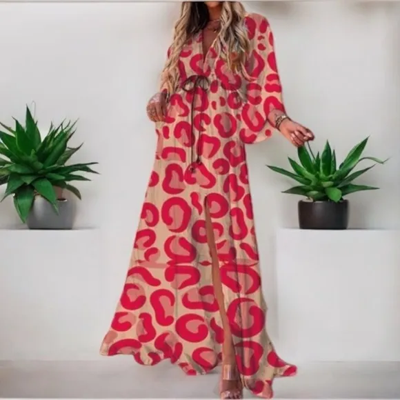 TSQ2 Plunge Red Leopard Oversize Kimono Maxi Dress L NWT