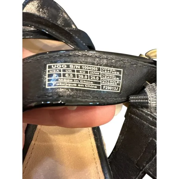 UGG Cloverdale BLACK Leather Upper STRAPPY CORK WEDGE Sandals Sz 8 Pre-Owned