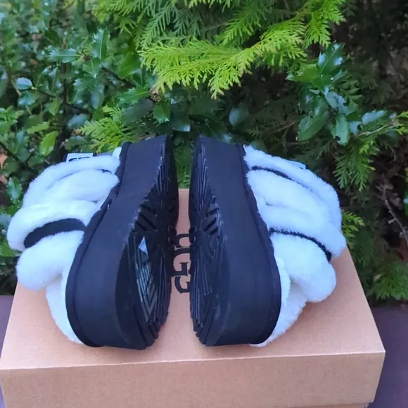 UGG Fluffy Black and White Platform Sandals