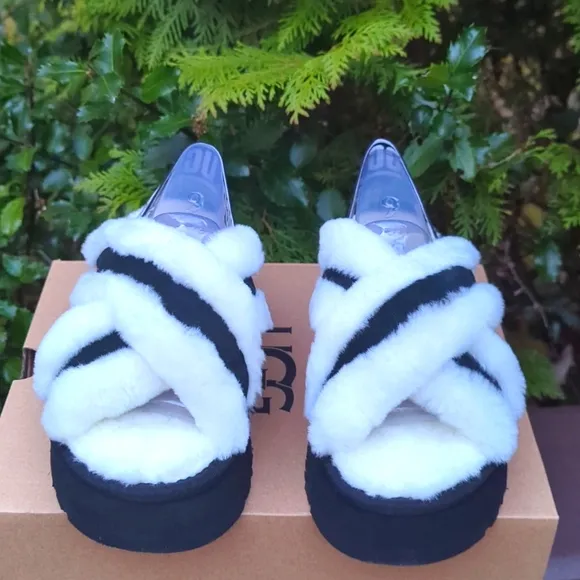 UGG Fluffy Black and White Platform Sandals