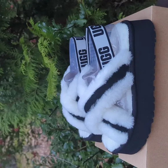 UGG Fluffy Black and White Platform Sandals