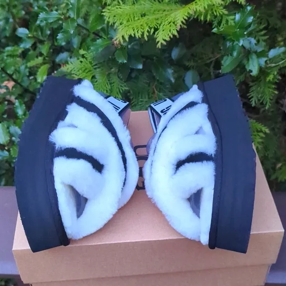 UGG Fluffy Black and White Platform Sandals