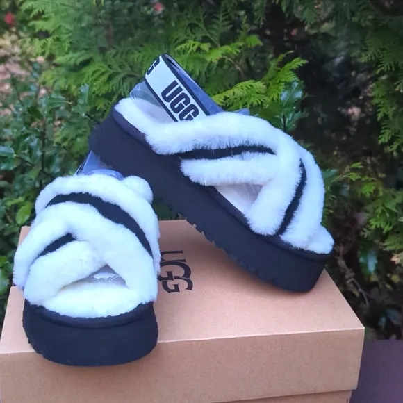 UGG Fluffy Black and White Platform Sandals