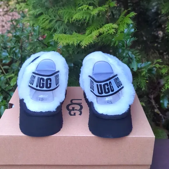 UGG Fluffy Black and White Platform Sandals