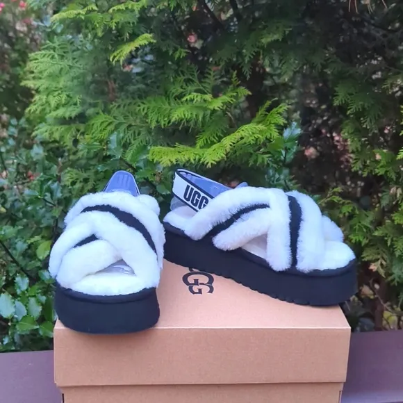 UGG Fluffy Black and White Platform Sandals