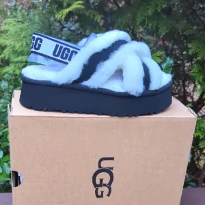 UGG Fluffy Black and White Platform Sandals