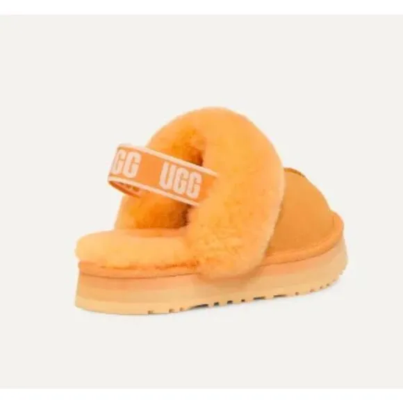 UGG FUNKETTE KIDS SLIDE SANDAL PAPAYA ORANGE SUEDE WOOL YOUTH US 4- WOMEN US 5.5