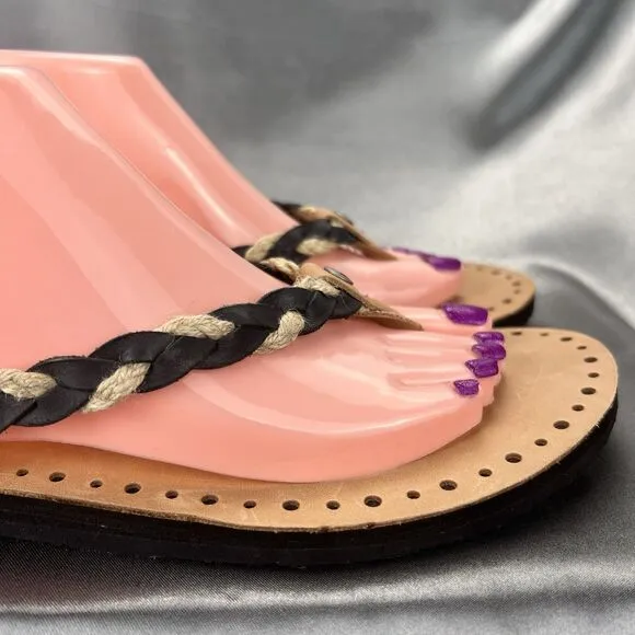 UGG Navie Flip Flops Women's 11 Thong Sandals Braided Leather Black Boho Beach