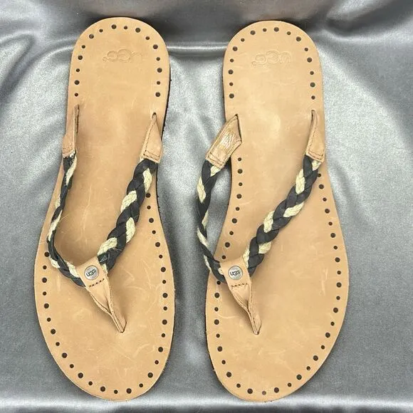 UGG Navie Flip Flops Women's 11 Thong Sandals Braided Leather Black Boho Beach