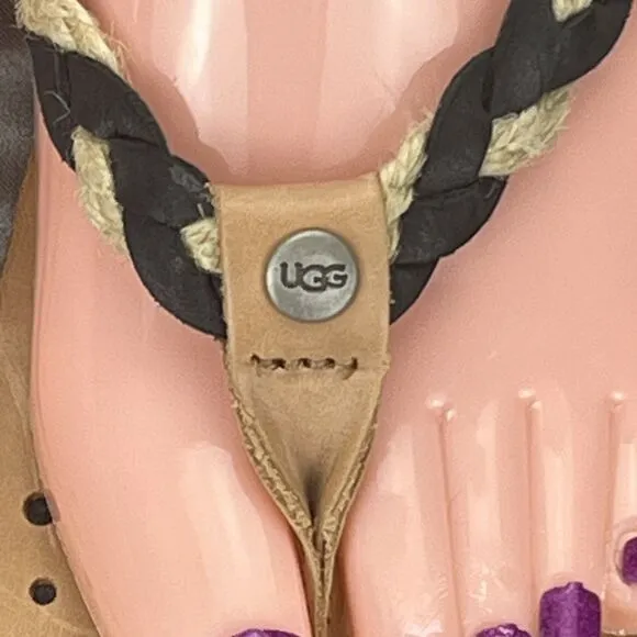 UGG Navie Flip Flops Women's 11 Thong Sandals Braided Leather Black Boho Beach
