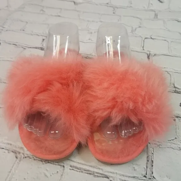 Ugg neon coral peach shearling  scruff slides slippers