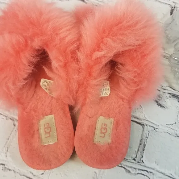 Ugg neon coral peach shearling  scruff slides slippers
