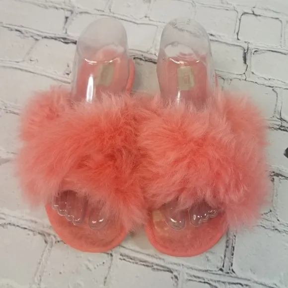 Ugg neon coral peach shearling  scruff slides slippers