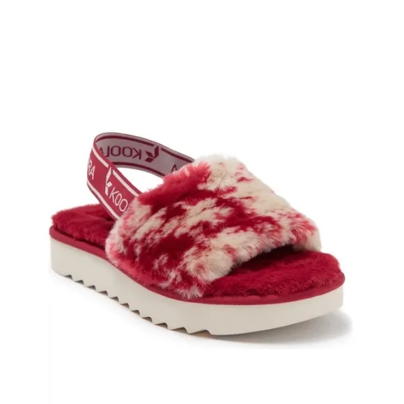 Ugg Slingback Sandals Fuzzi II Tie Dye Faux Fur Platforms Berry Red, Size 6M NEW