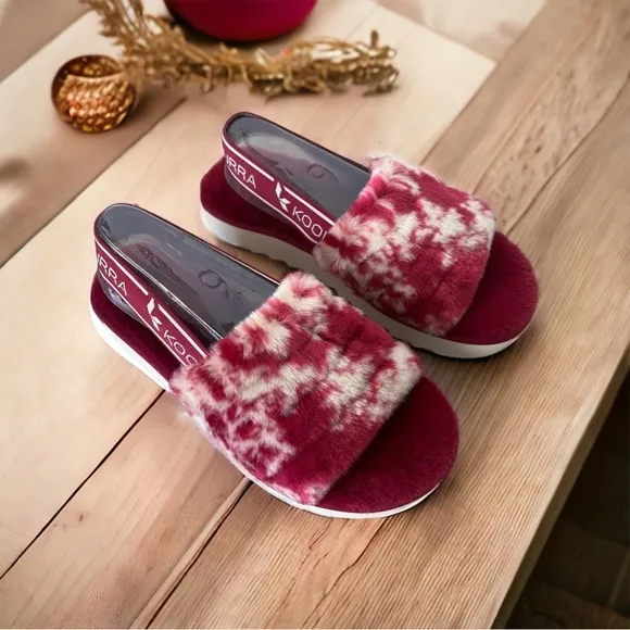 Ugg Slingback Sandals Fuzzi II Tie Dye Faux Fur Platforms Berry Red, Size 6M NEW