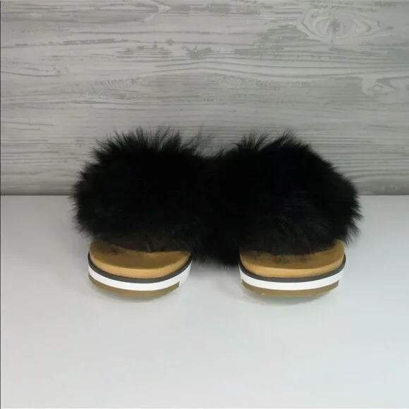 UGG HOLLY BLACK SHEEPSKIN/ LEATHER IMPRINT SANDALS