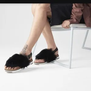 UGG HOLLY BLACK SHEEPSKIN/ LEATHER IMPRINT SANDALS